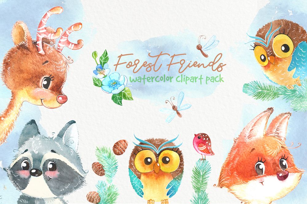 Woodland forest watercolor animals clipart pack. Owl, deer