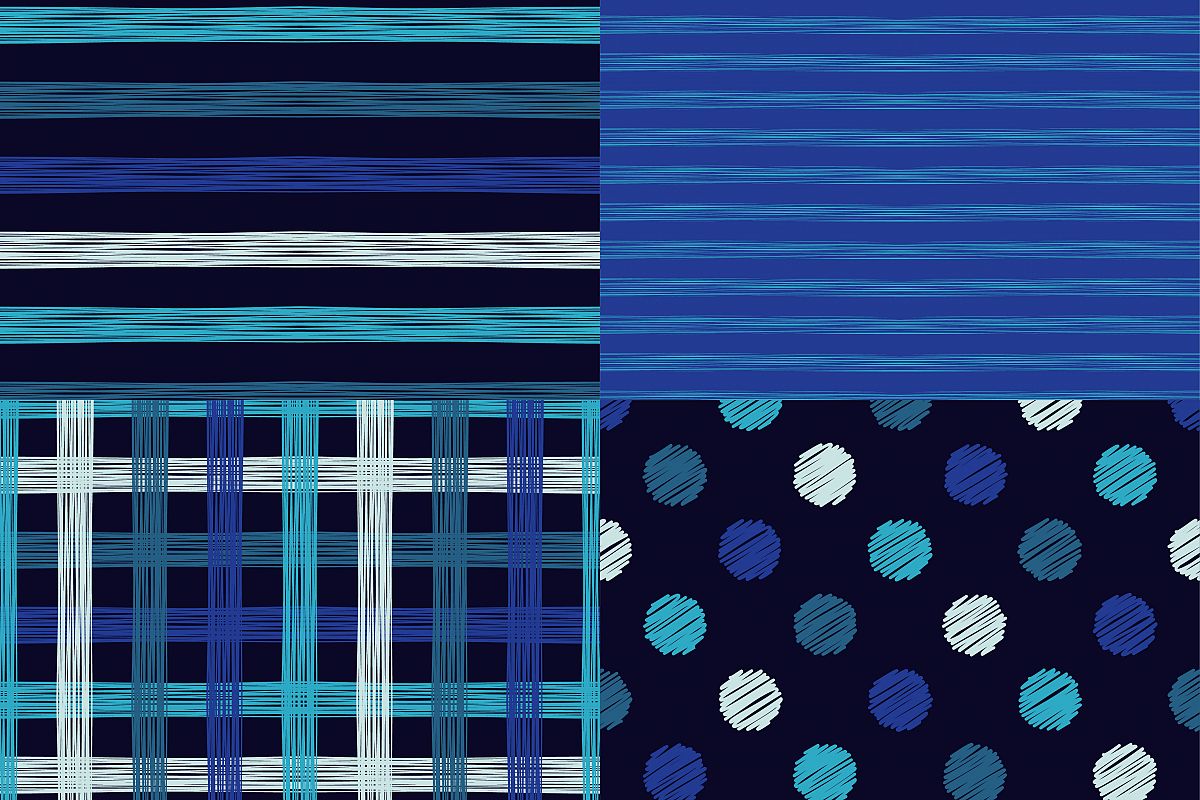 Set of 4 seamless grunge patterns with polka dot, stripe and cell. Vector illustration. Textile rapport. example image 1