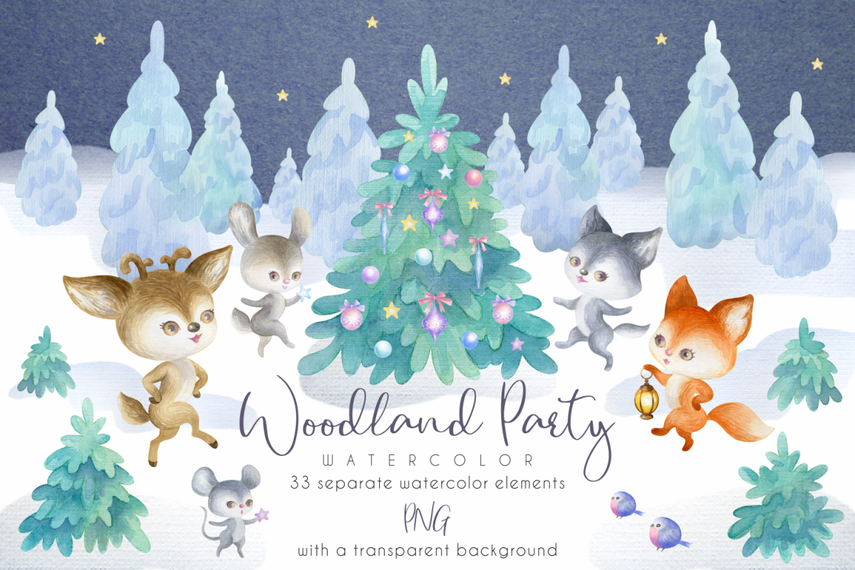 Woodland party. Watercolor Christmas set example image 1