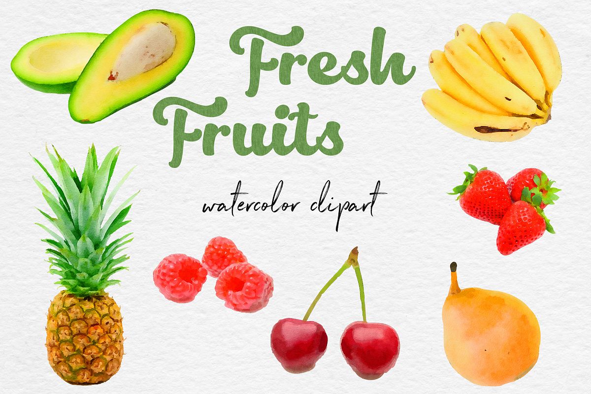 Watercolor Fruits Clipart, Fresh Fruit Clipart example image 1