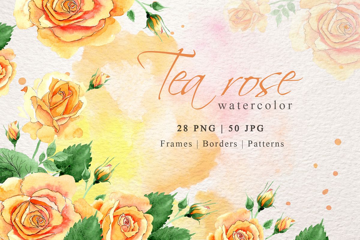 Watercolor tea yellow rose png set example image 1
