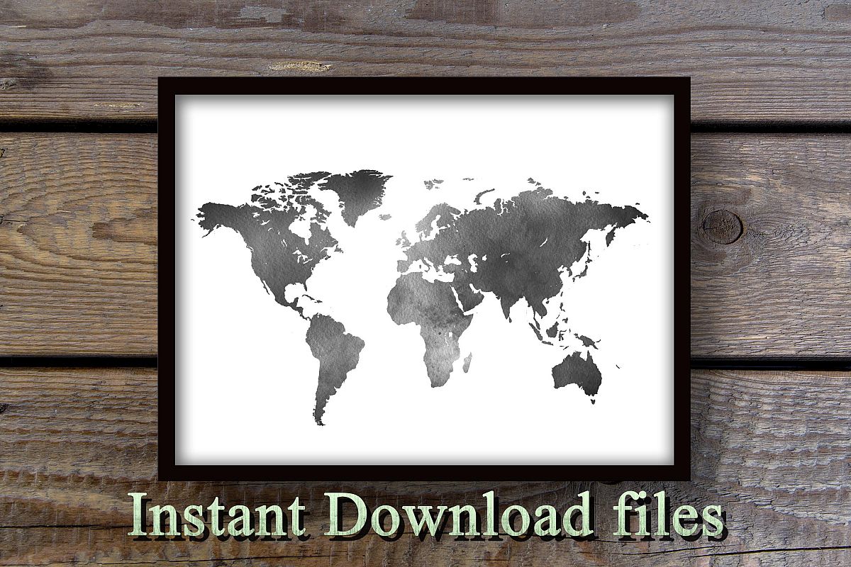Black And White World Map Wall Art Printable Download Files