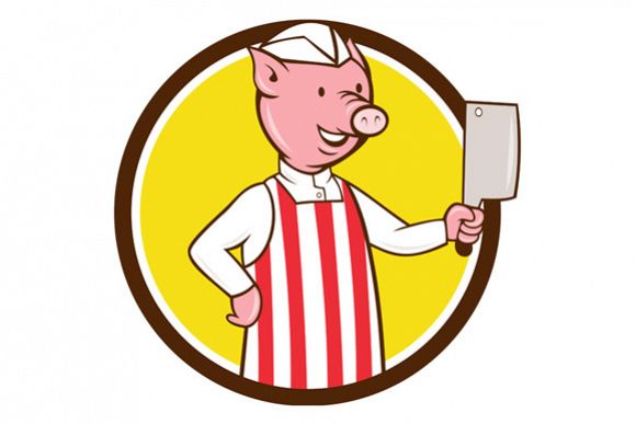 Butcher Pig Holding Meat Cleaver Circle Cartoon example image 1
