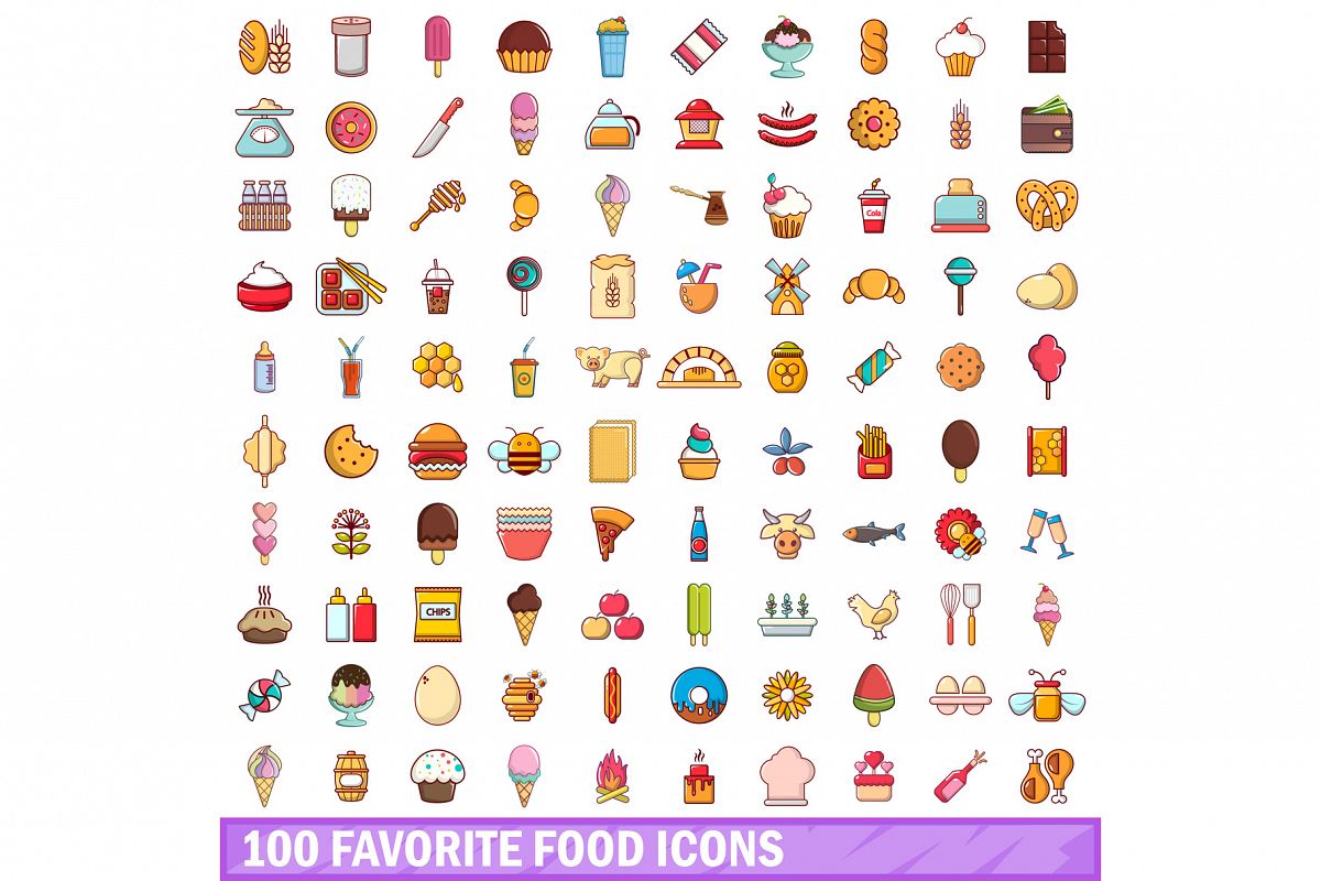 100 favorite food icons set, cartoon style example image 1