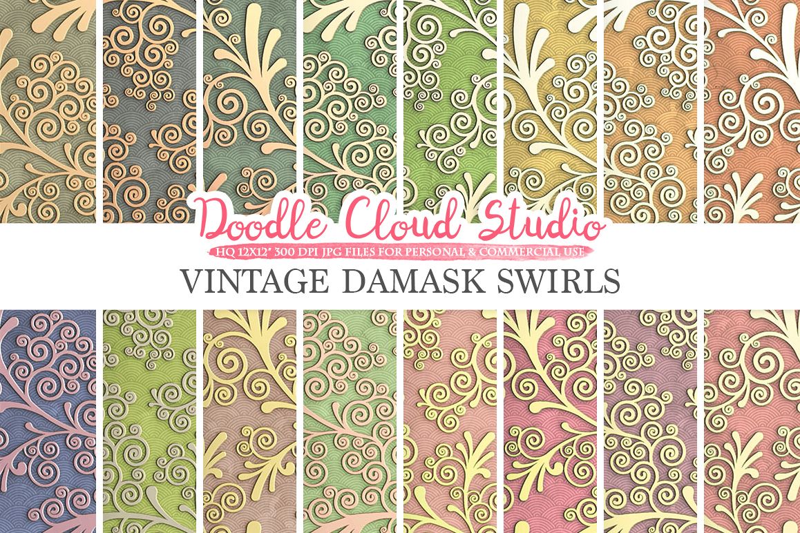 Vintage Damask Swirls digital paper, Swirls pattern, Digital Swirls colorful gradient background, Instant Download Personal & Commercial Use example image 1