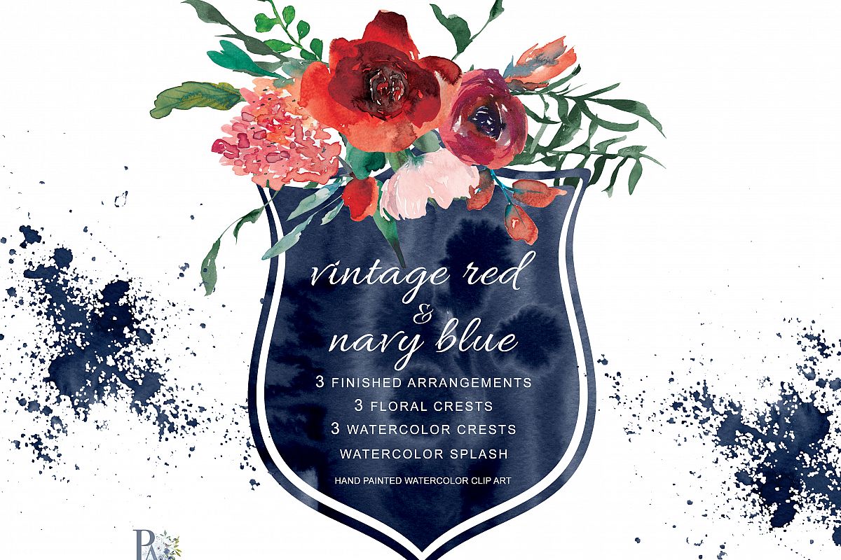 Watercolor Vintage Red Navy Blue Flowers Clipart