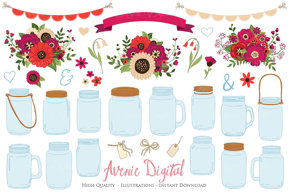 Red Christmas Floral Mason Jar Wedding Clipart example image 1