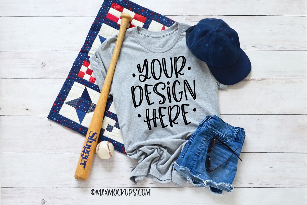 Gray t-shirt Mockup Bella Canvas, baseball hat ball bat example image 1