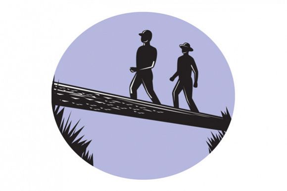 Hikers Crossing Single Log Bridge Oval Woodcut example image 1