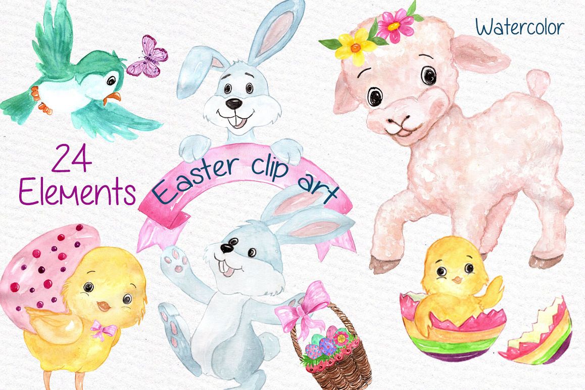 Watercolor Easter kids clipart example image 1