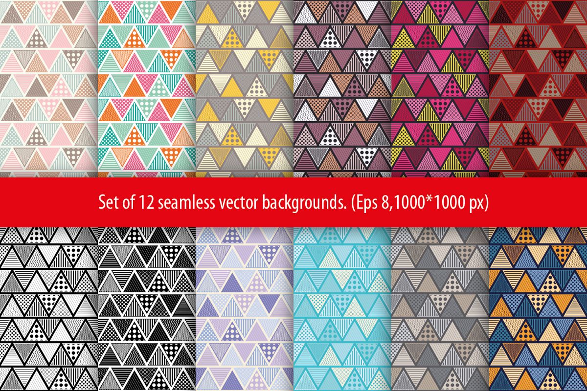 Set of 12 seamless vector backgrounds with abstract geometric pattern. example image 1