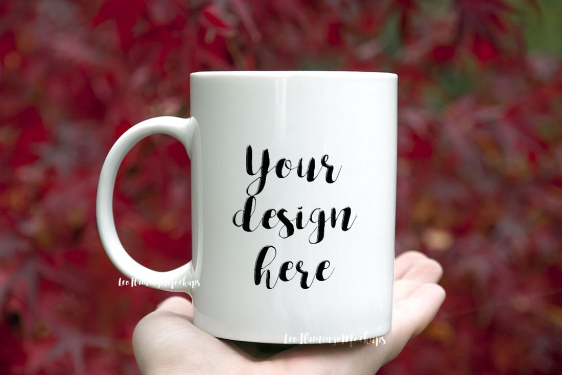 White coffee mug mock up Japanese maple tree background nature red natural example image 1