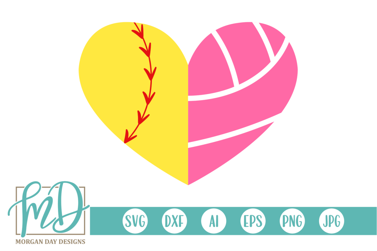 Softball Volleyball Heart SVG, DXF, AI, EPS, PNG, JPEG example image 1