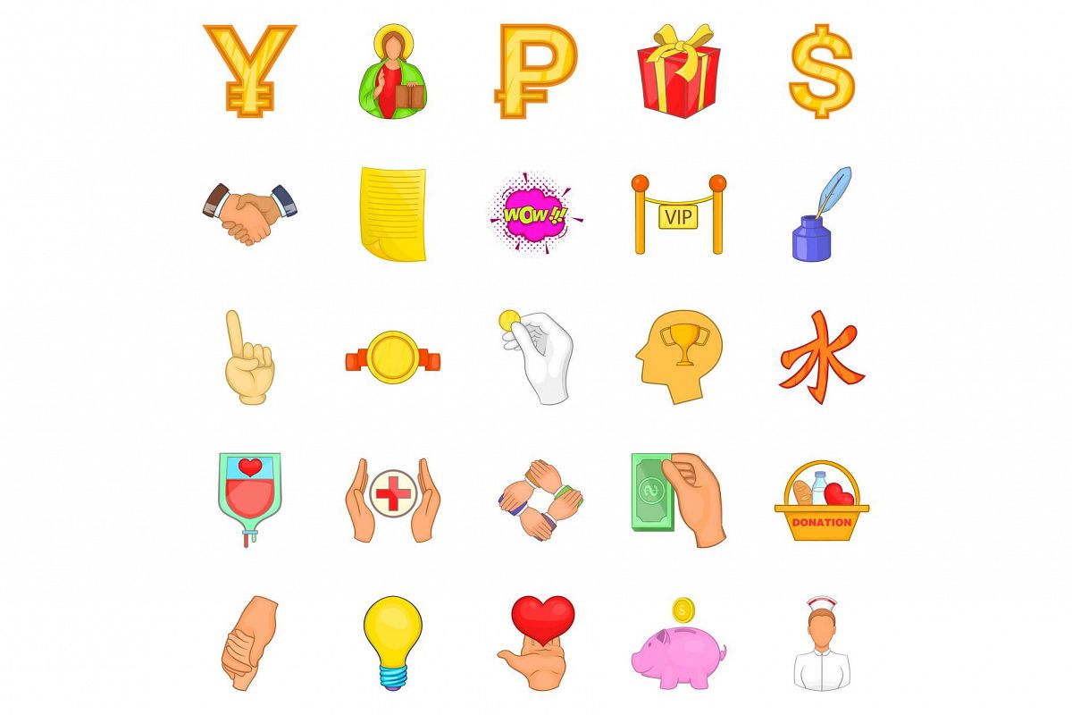 Charity icons set, cartoon style example image 1