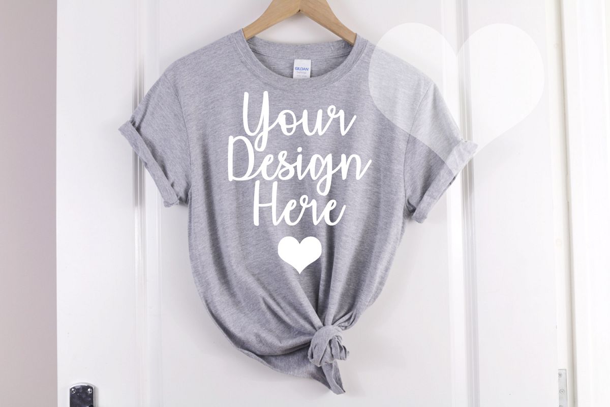 Download Gildan Mockup 64000 Softstyle Heather Gray Knotted T shirt