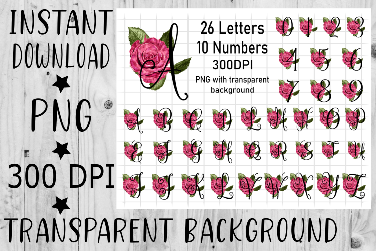 Letter and Number Rose Alphabet Bundle 36pc, Sublimation example image 1