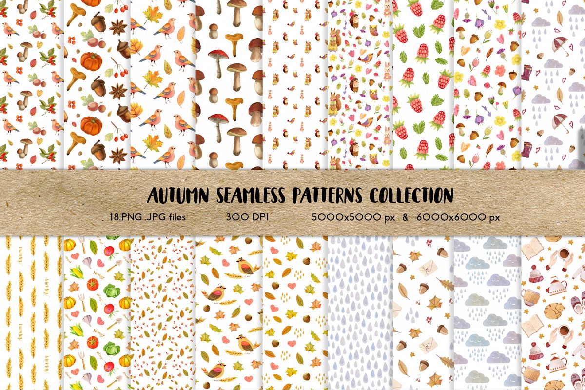 Watercolor Autumn Seamless Patterns Collection example image 1