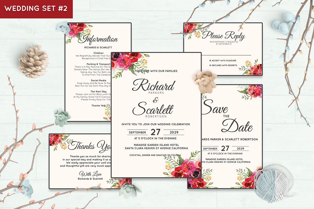 Wedding Invitation Set #2 Watercolor Floral Flower Style example image 1