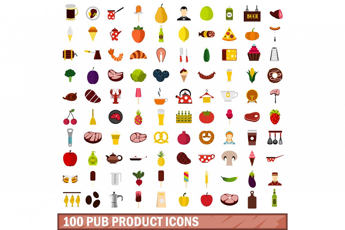 100 pub product icons set, flat style example image 1
