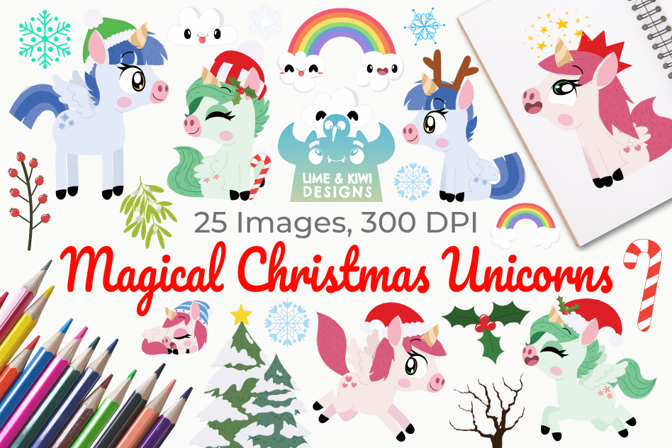 Magical Christmas Unicorns Clipart, Instant Download example image 1