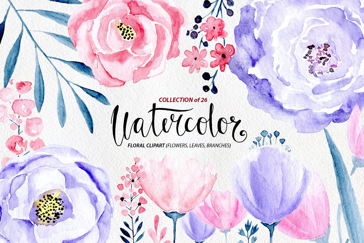 Watercolor pink and light violet flowers example image 1