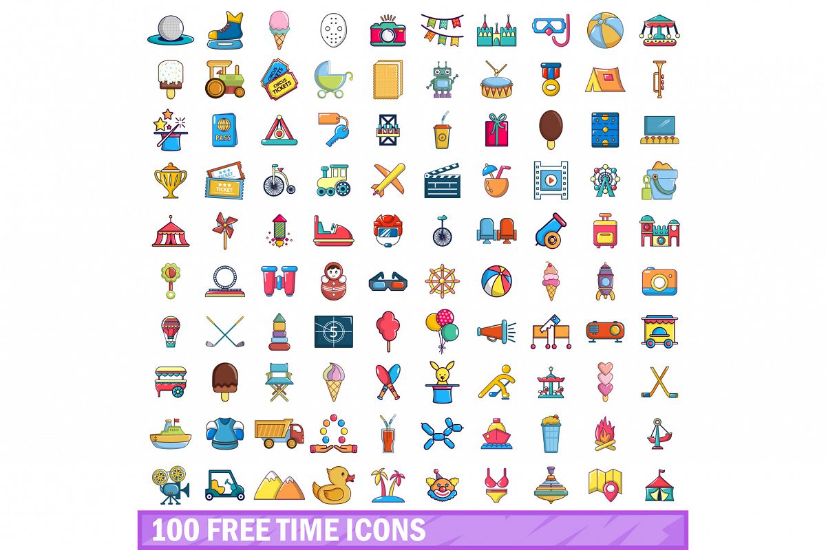 100 free time icons set, cartoon style example image 1