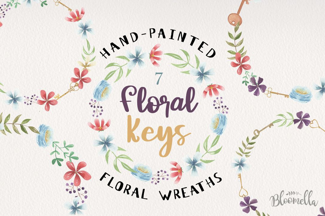 Floral Keys Wreaths Watercolor 7 Flowers Leaves Berries Key example image 1