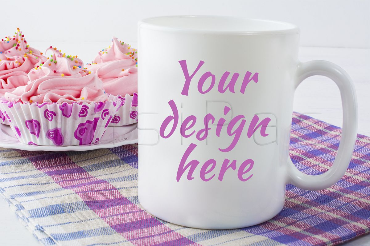 Coffee mug mockup with checkered napkin example image 1