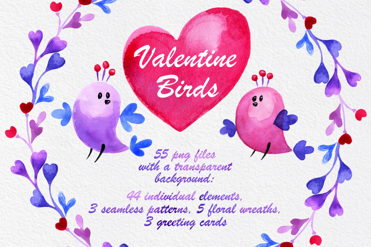 Valentine birds. Watercolor set. example image 1