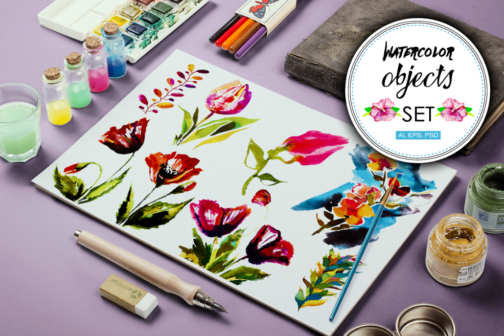30 Watercolor vector objects + BONUS example image 1