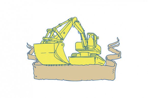 Mechanical Digger Excavator Ribbon Scroll Drawing example image 1