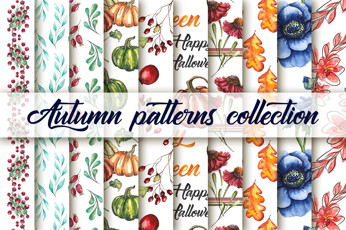 Watercolor collection of 20 autumn seamless patterns example image 1