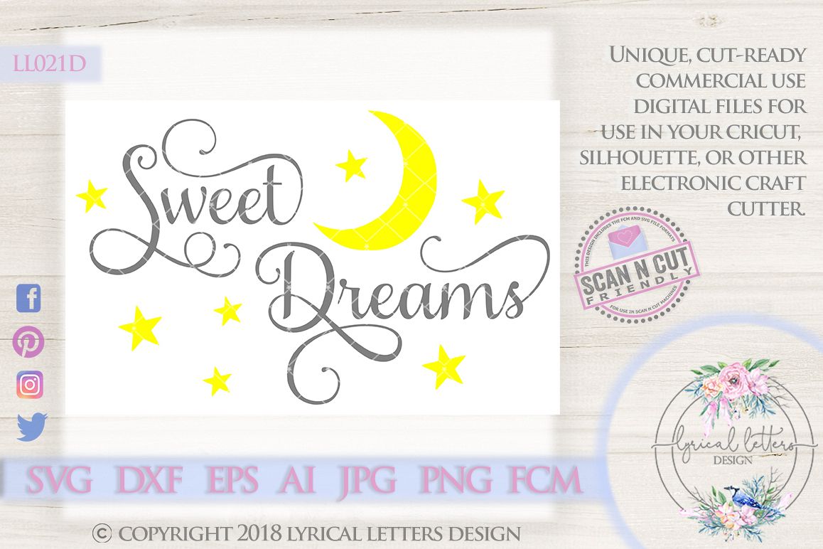 Sweet Dreams with Moon and Stars SVG Cut File LL021D example image 1