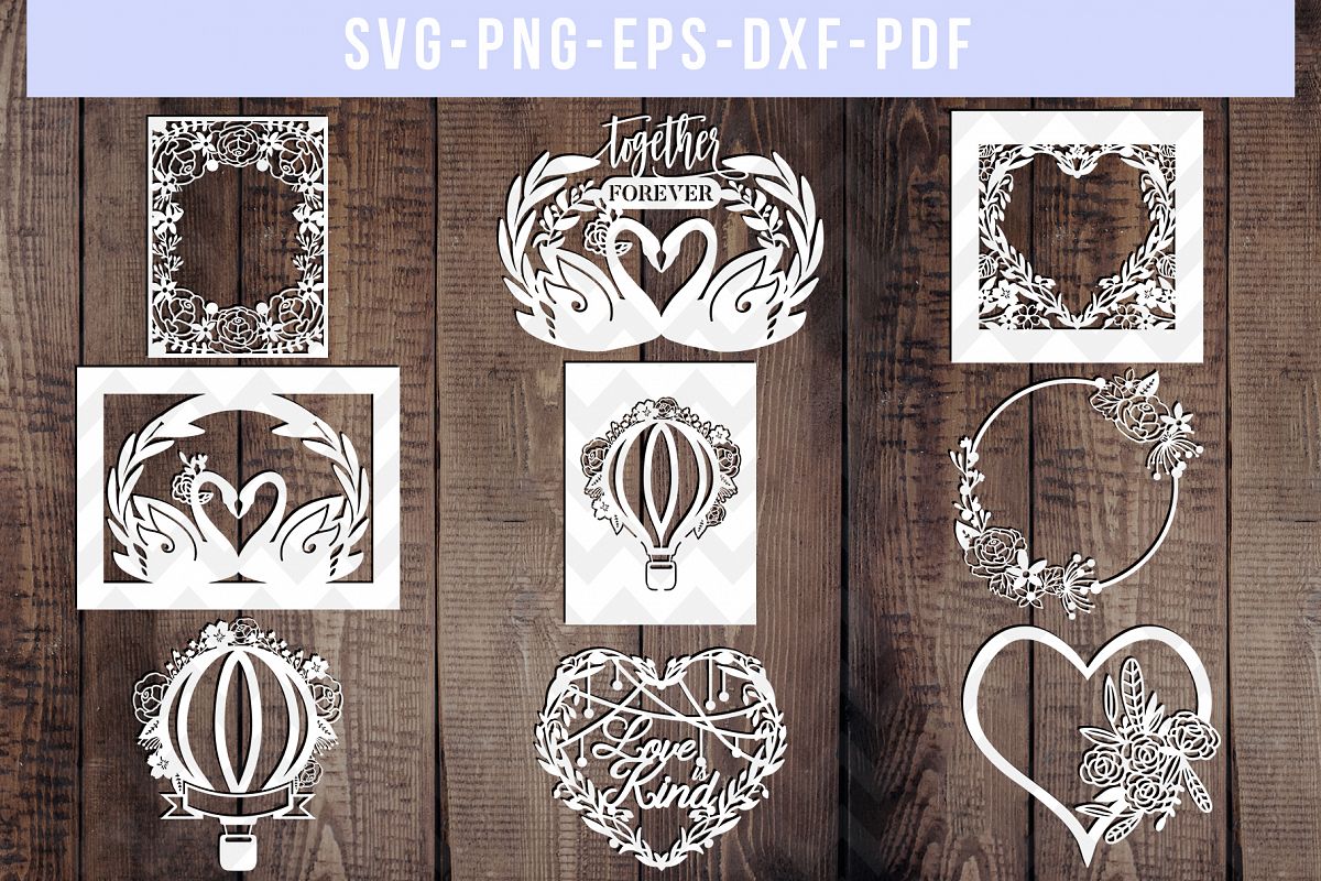 Bundle Of 9 Floral Wedding Papercut Templates, SVG, DXF. PDF example image 1