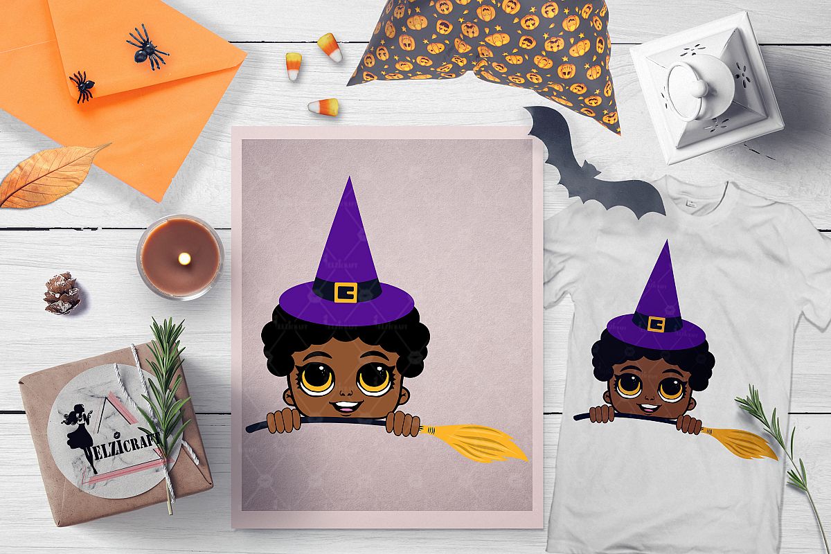 Halloween Peeking Witch Afro Boy Broom SVG Cut File example image 1