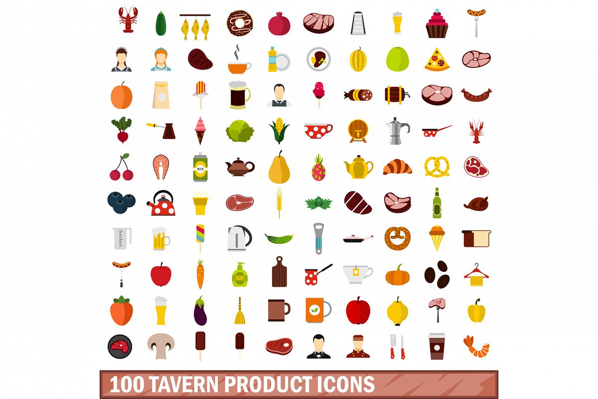 100 tavern product icons set, flat style example image 1