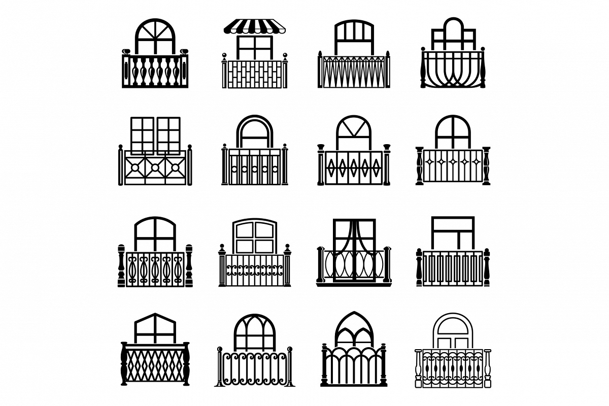 Balcony window icons set, simple style example image 1