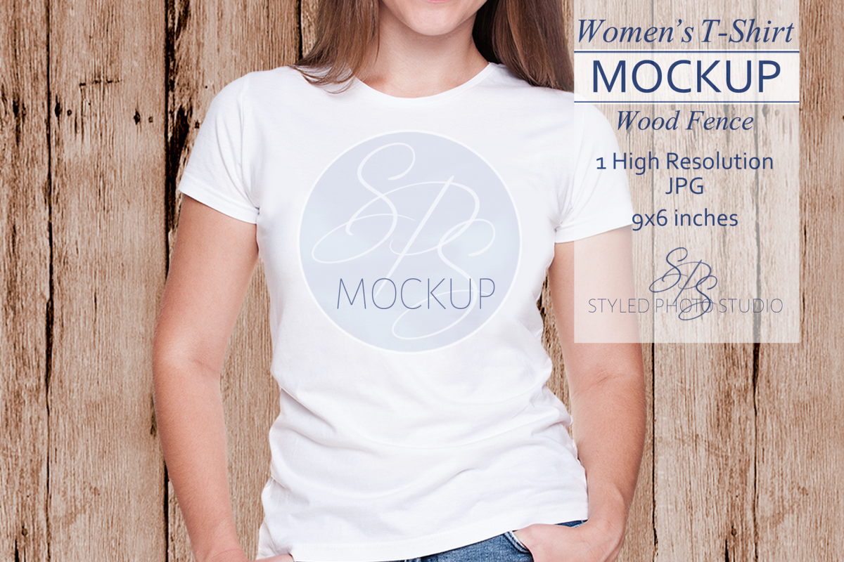 Women's White tshirt Mockup against a wood fence 3.2 Aspect example image 1