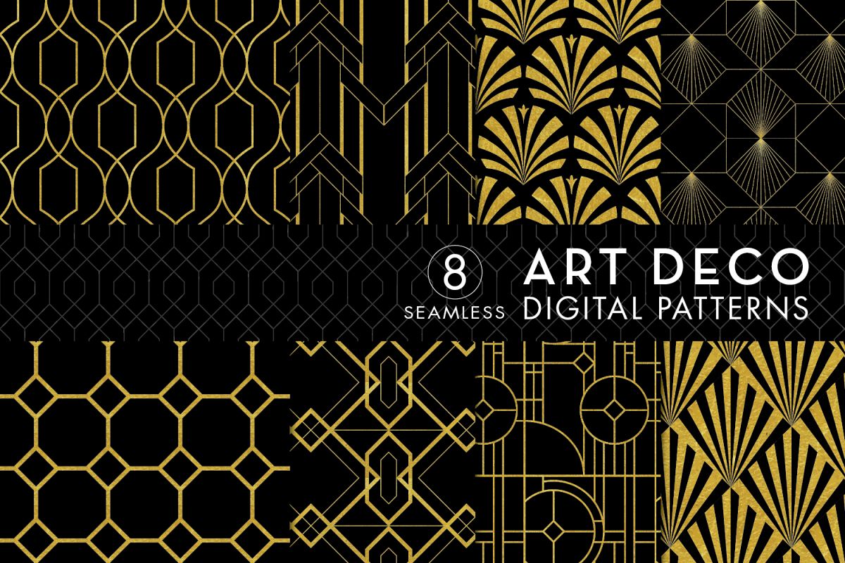 8 Seamless Art Deco Patterns - Black & Gold Set 2 example image 1