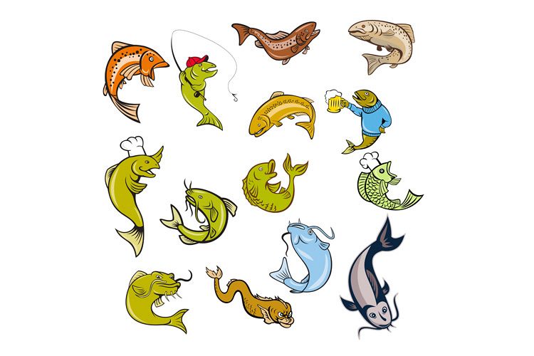 Trout Salmon Fish Mascot Cartoon Set example image 1