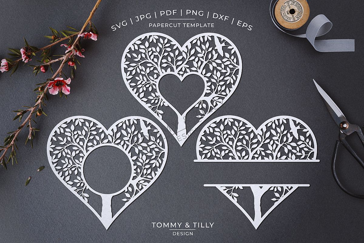Monogram Heart Tree x 3 - Papercut Template SVG EPS DXF PNG example image 1
