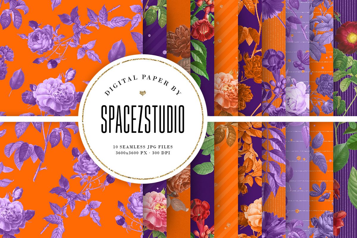 Purple & Orange Antique Botanical Seamless Backgrounds example image 1