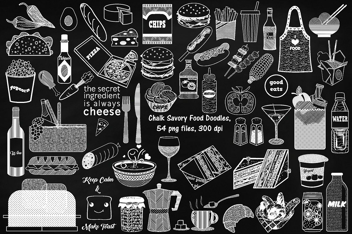 Chalk Savory Food Doodles Clip Art example image 1