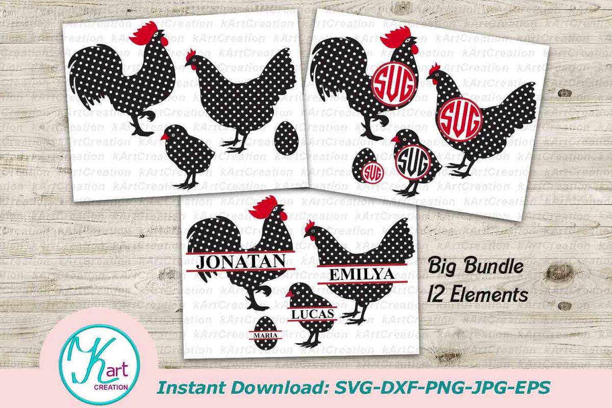 Rooster hen chicken polka dot monogram bundle svg dxf files example image 1