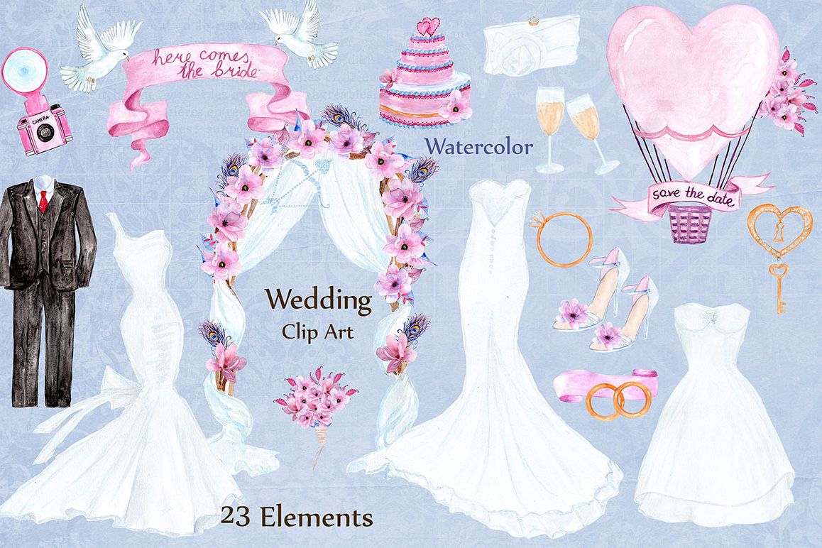Watercolor wedding dresses clipart example image 1