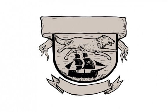 Wolf Running Over Pirate Ship Crest Scratchboard example image 1