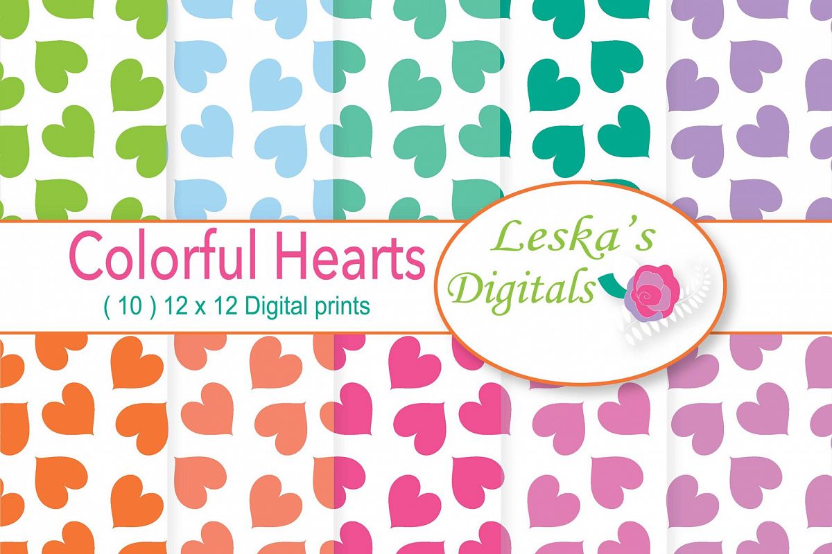 Rainbow Heart Digital Paper - Heart Patterns example image 1