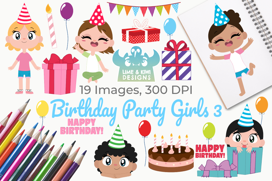 Birthday Party Girls 3 Clipart, Instant Download Vector Art example image 1