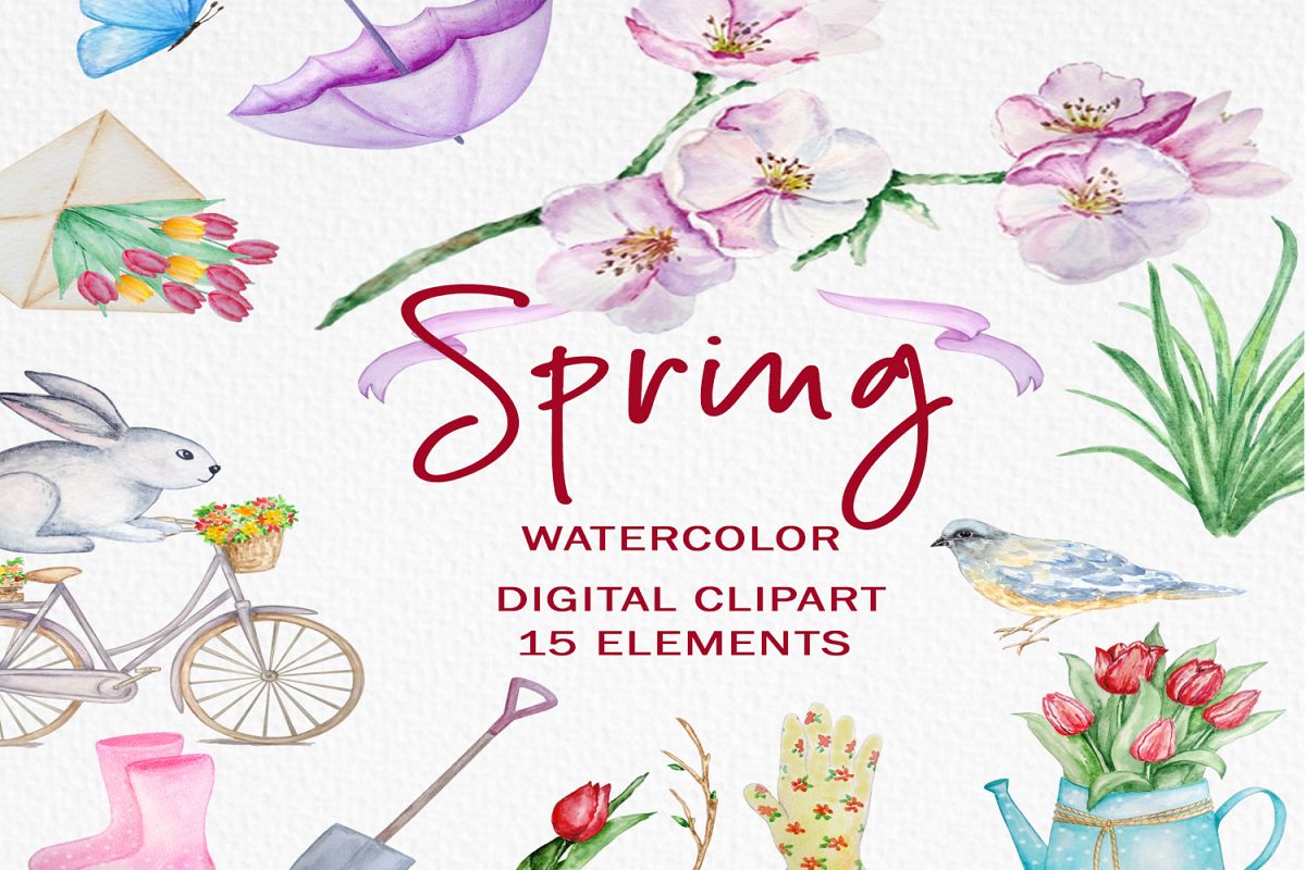 Watercolor Spring Clipart Set example image 1