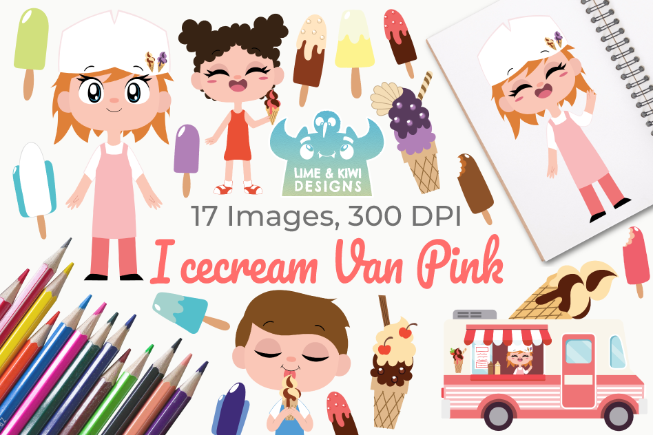 Icecream Van Pink Clipart, Instant Download Vector Art example image 1